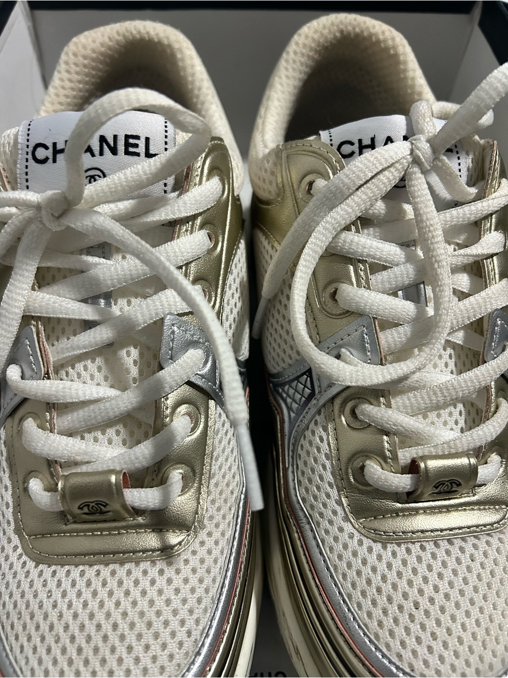 CHANEL White and Gold Lace-Up Mesh Sneakers